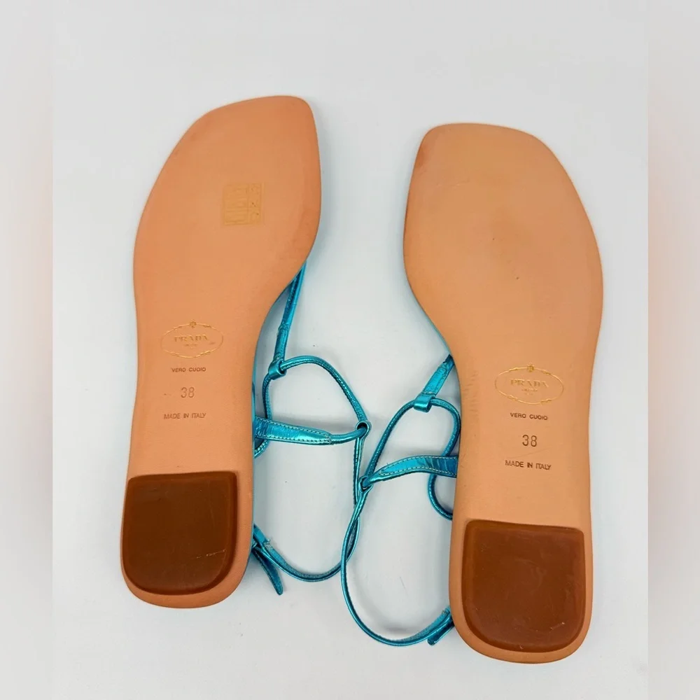 Prada Metallic Blue/ Turquoise patent leather T- strap Thong flat sandals EU 38 - Picture 7 of 9